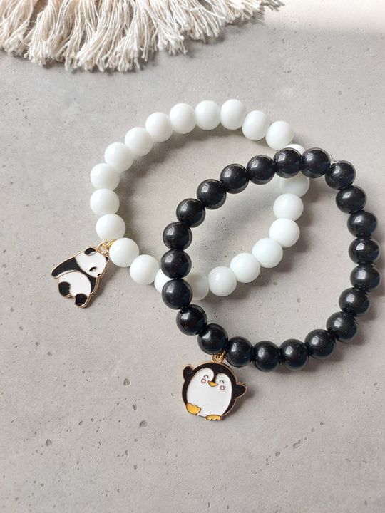 Adjustable Couple Glass Beads Bracelet  with  Panda & Penguin Charms